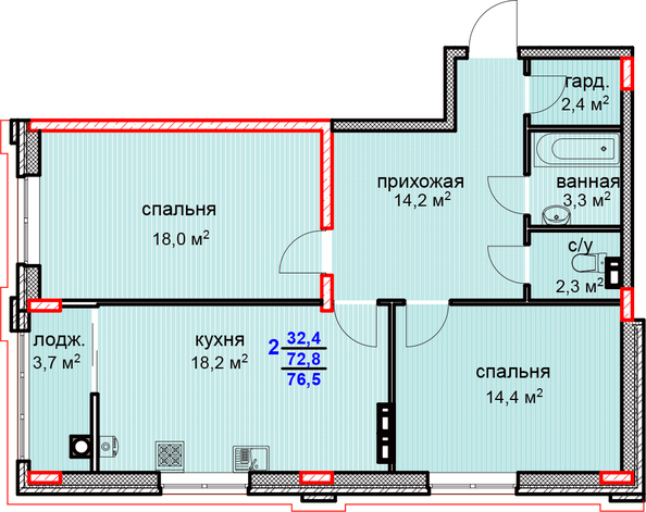 Планировка 2-комн 76,5 м²