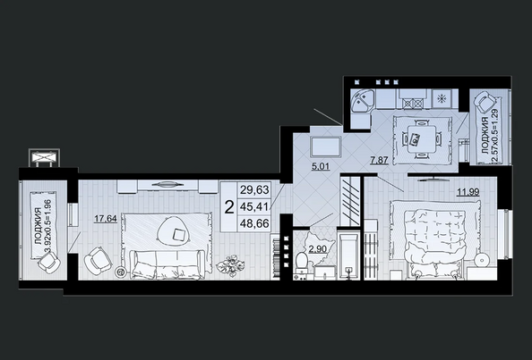Планировка 2-комн 48,66 м²