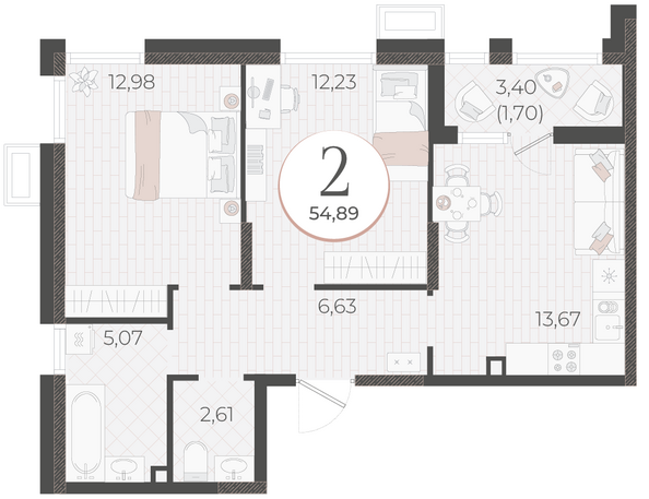Планировка 2-комн 54,89 м²