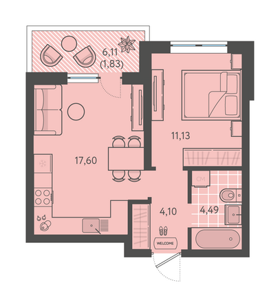 Планировка 1-комн 39,15 м²