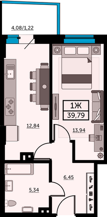 Планировка 1-комн 39,3 - 39,63 м²