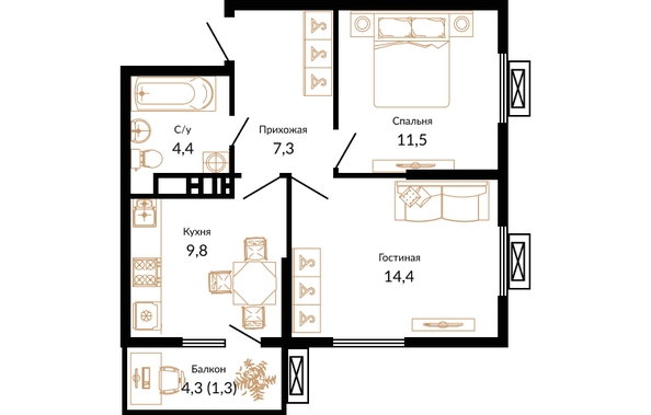 Планировка 2-комн 48,7 м²