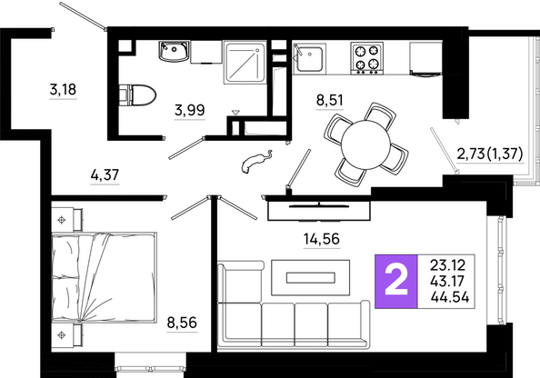 Планировка 2-комн 44,54 м²
