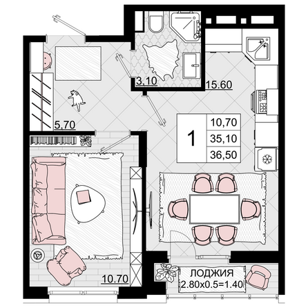 Планировка 1-комн 36,5 м²