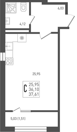 Планировка Студия 37,61, 38,09 м²