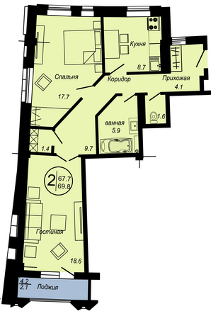 Планировка 2-комн 69,8 м²