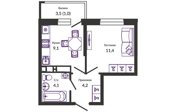 Планировка 1-комн 30,3 м²
