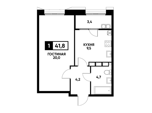 Планировка 1-комн 41,8 - 42,1 м²