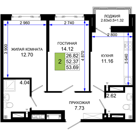 Планировка 2-комн 53,69 м²