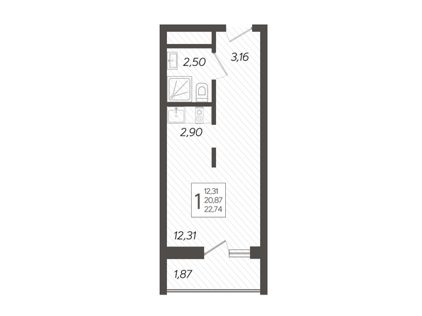 Планировка 1-комн 22,74 м²