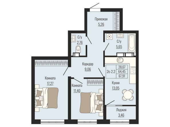 Планировка 2-комн 67,91 м²