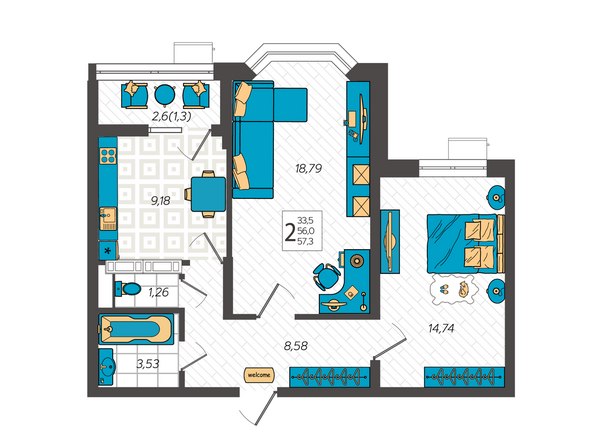 Планировка 2-комн 57,3 м²