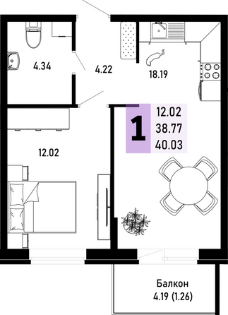 Планировка 1-комн 40,03 м²