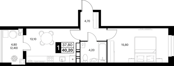 Планировка 1-комн 40,2, 40,7 м²