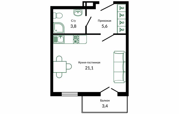 Планировка 1-комн 31,5 м²