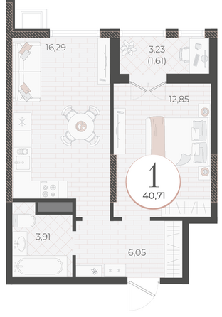 Планировка 1-комн 40,71 м²