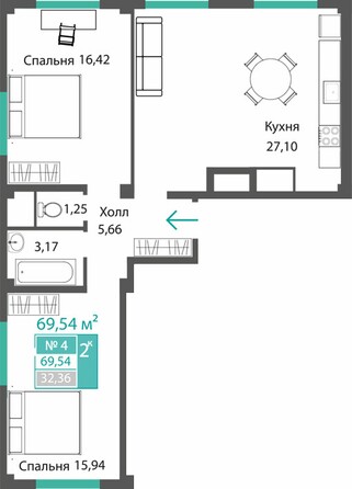 Планировка 2-комн 69,54 - 70,44 м²