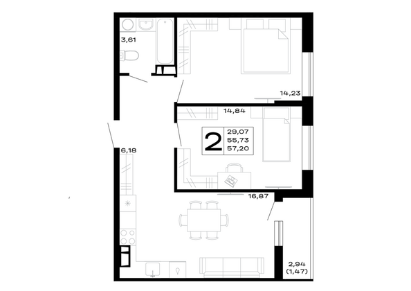 Планировка 2-комн 57,2 м²