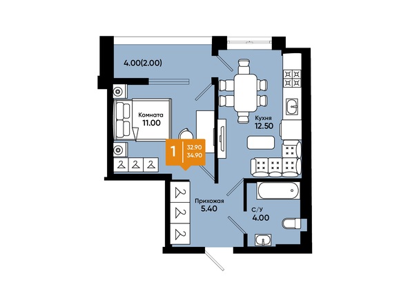 Планировка 1-комн 34,9 м²