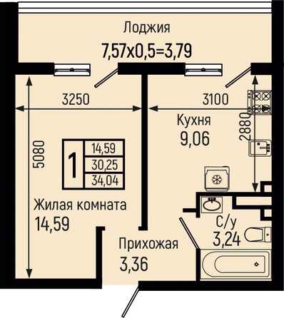 Планировка 1-комн 34,04 м²