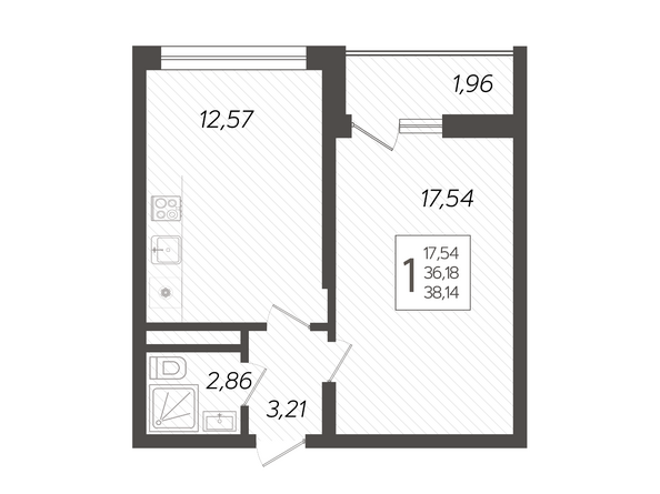 Планировка 1-комн 38,14 м²