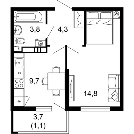 Планировка 1-комн 33,7 м²