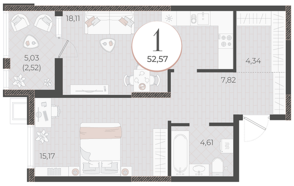 Планировка 1-комн 52,57 м²