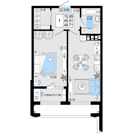 Планировка 1-комн 48,71 м²