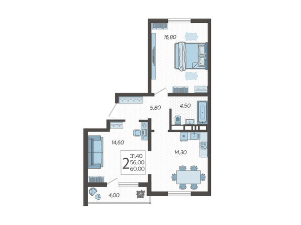 Планировка 1-комн 60 м²