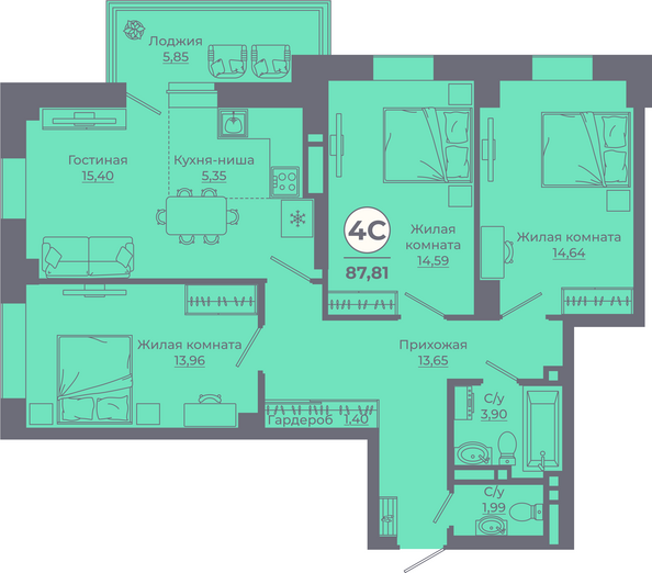 Планировка 4-комн 87,38 - 88,41 м²