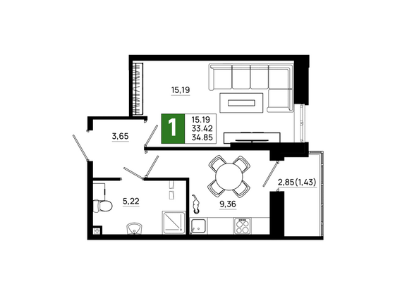 Планировка 1-комн 34,85 м²