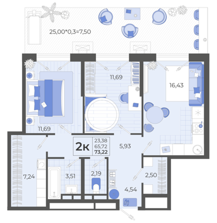Планировка 2-комн 73,22 м²