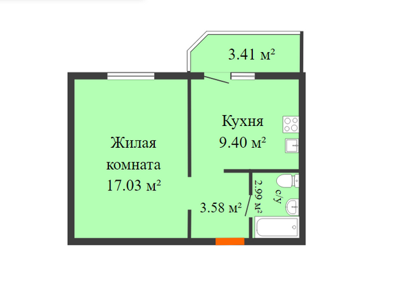 Планировка 1-комн 34,82 м²