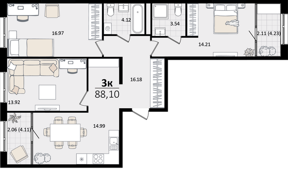 Планировка 3-комн 88,1 м²