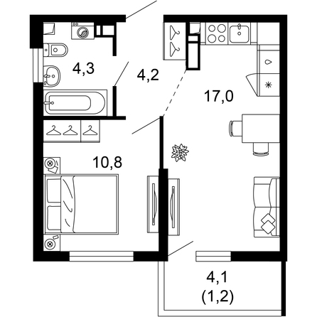 Планировка 1-комн 37,5 м²