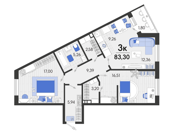 Планировка 3-комн 83,3 м²