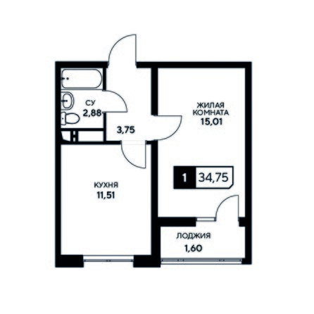 Планировка 1-комн 37,75 м²