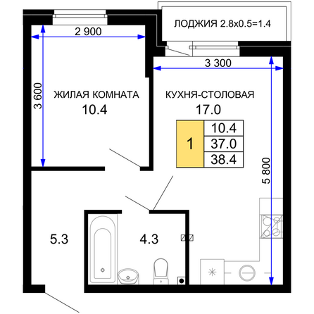 Планировка 1-комн 38,4 м²