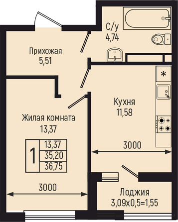 Планировка 1-комн 36,75 м²