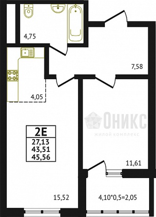 Планировка 1-комн 35,17 м²