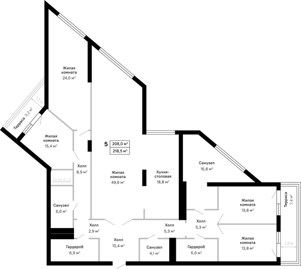 Планировка 5-комн 218,5 м²