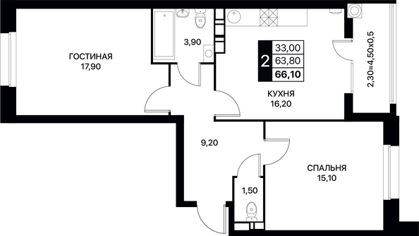 Планировка 2-комн 66,1, 66,3 м²