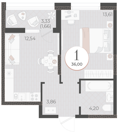 Планировка 1-комн 36 м²