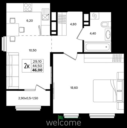 Планировка 2-комн 46 м²