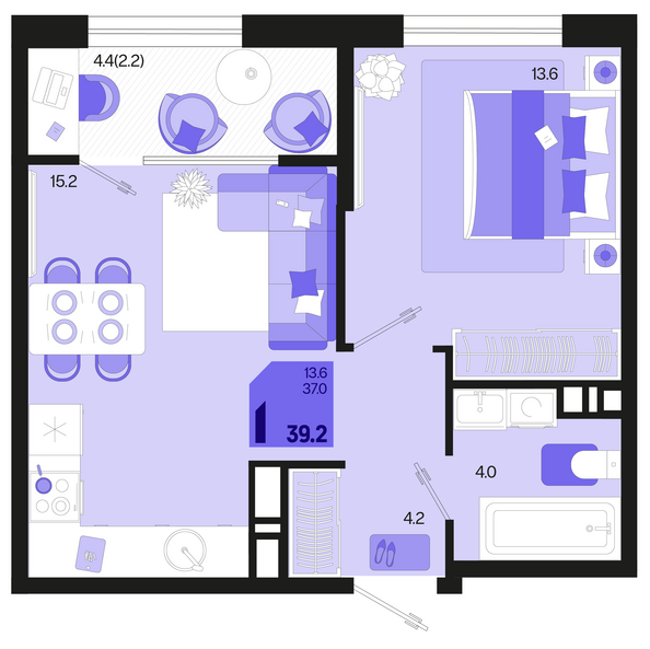 Планировка 1-комн 39,2 м²