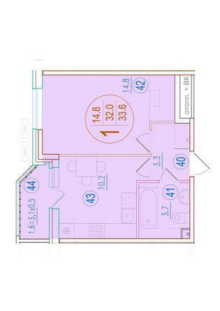Планировка 1-комн 33,6 м²