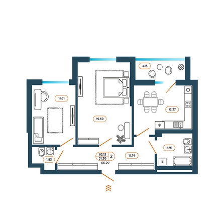Планировка 2-комн 66,29 м²