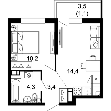 Планировка 1-комн 33,4 м²