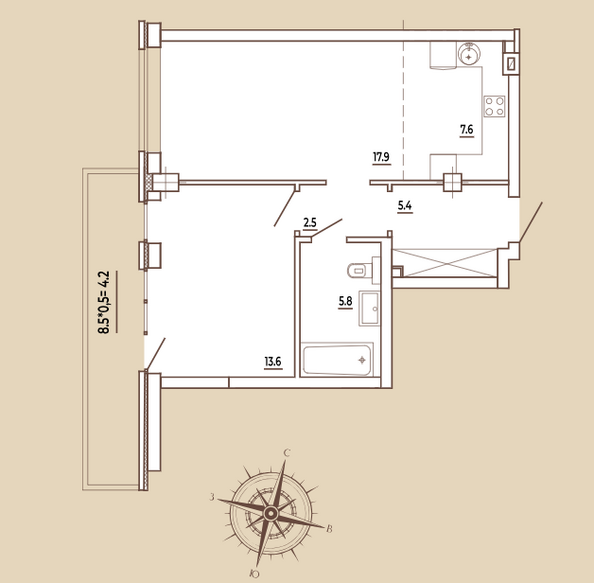 Планировка 2-комн 57 м²