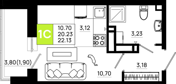 Планировка Студия 22,13 м²